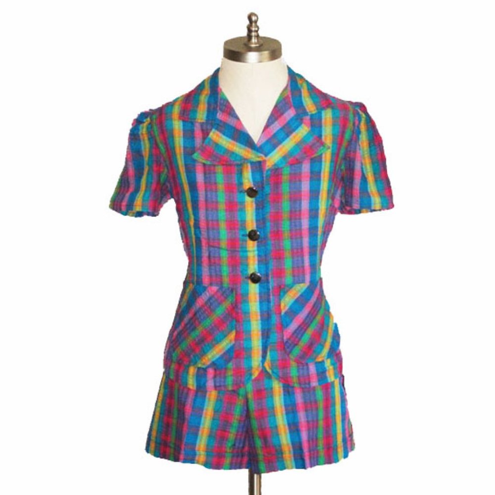 NWOT Vtg 70s Colorful Madras Plaid Jacket Shorts Set 14